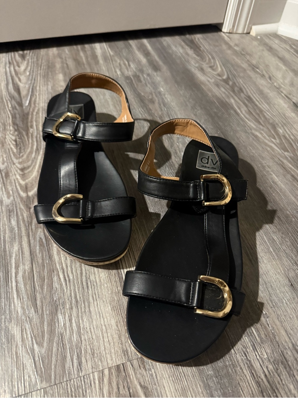 DV by Dolce Vita Black Sandals with Gold Buckle Detail